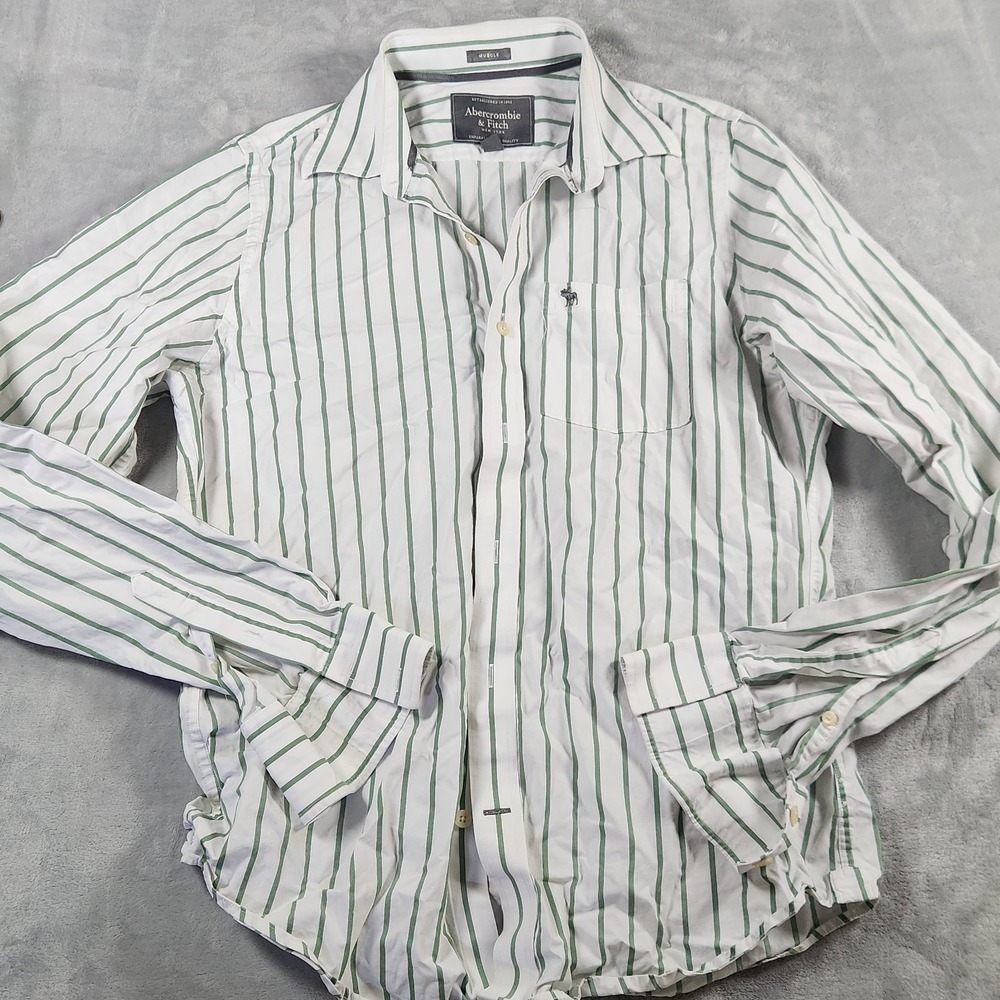 Abercrombie & Fitch Muscle Shirt Mens L White & Green Button-Down Striped